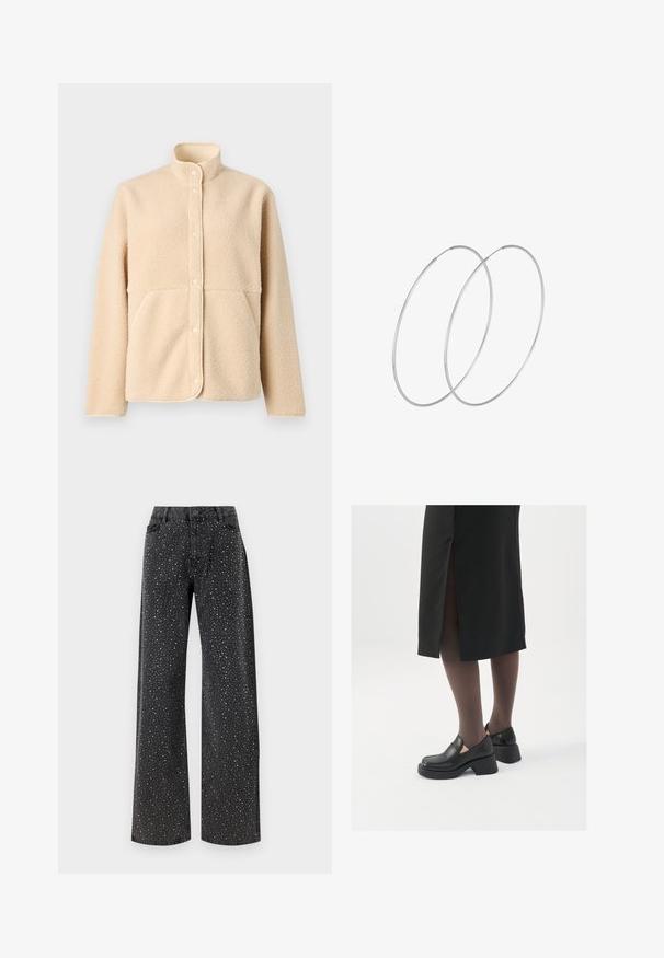 Bež flis jakna s visokim ovratnikom, prednjim kopčanjem na gumbe i dva bočna džepa. Mekani materijal s bešavnim dizajnom i zaobljenim rubom.; Svetlucava košulja s dugim rukavima u svijetloj krem boji. Ima klasičnu ovratnicu, duge rukave i sjajne detalje od šljokica raspoređene po cijeloj površini za teksturirani izgled.; Noisy May NMJANNEL LOOSE - Traperice opuštenog kroja - black denim; Crne kožne cipele s zaobljenim vrhom, debelim blok petama i elastičnim bočnim detaljima, uparene s tamnim čarapama i crnom suknjom s prorezom.; Srebrne okrugle naušnice s minimalističkim dizajnom. Kružni oblik, glatka tekstura i tanak profil. Lagane s poliranim završetkom.
