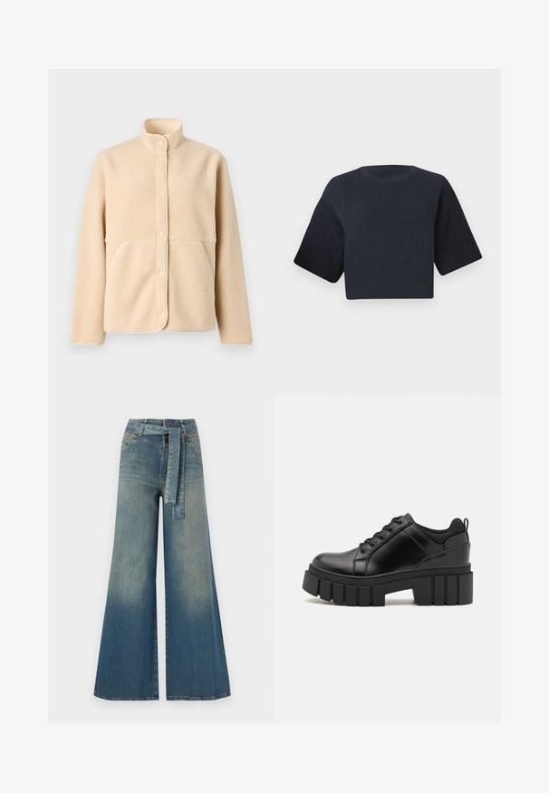 Beige fleece jack met een hoge kraag, voorste knoopsluiting en twee zijzakken. Zachte textuur met een naadloos ontwerp en een rond afgewerkte onderkant.; Donker marineblauw cropped gebreid sweater met ribbeltextuur, korte brede mouwen en een ronde halslijn. Eenvoudig ontwerp, zonder zichtbare patronen of accenten.; Wijduitlopende denim broek met een lichte naar donkere blauwe gradient, hoge taille, riemlussen en een bijpassende stoffen riem. Gestructureerde denimafwerking.; Zwarte leren platform schoenen met een stevige blokhak, ronde neus en een traditionele vetersluiting. Kenmerkt zich door een gladde textuur en minimale details.
