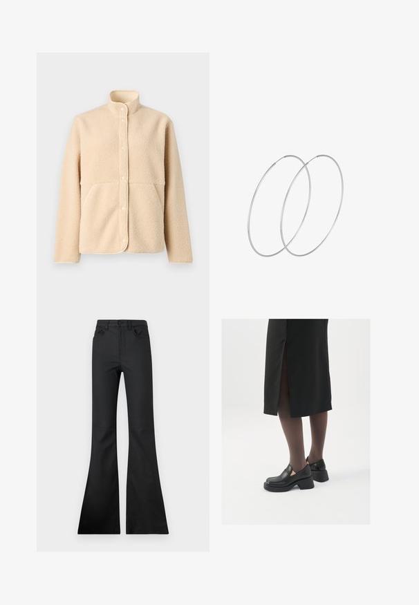 Beige fleece jacket with a high collar, front button closure, and two side pockets. Soft texture with a seamless design and rounded hem.; Black bodysuit with long sleeves, featuring a mesh V-neckline and gathered shoulder detail. Smooth fabric with a fitted shape.; Black flared jeans with a mid-rise waist, made from smooth fabric. Features five pockets and visible stitching details.; Black leather shoes with a rounded toe, thick block heel, and elastic side accents, paired with dark tights and a black skirt with a slit.; Silver hoop earrings with a minimalist design. Circular shape, smooth texture, and thin profile. Lightweight with a polished finish.