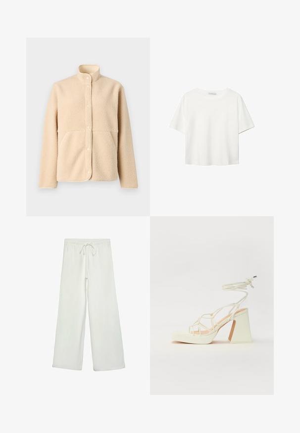 Bež flis jakna s visokim ovratnikom, prednjim kopčanjem na gumbe i dva bočna džepa. Mekani materijal s bešavnim dizajnom i zaobljenim rubom.; Bijela majica kratkih rukava od pamuka. Ima okrugli izrez i opušteni kroj. Glatka tekstura bez vidljivih uzoraka ili naglasaka.; Bijele hlače širokog kroja od mekog materijala. Imaju elastični pojas s vezicom i glatku teksturu. Nema vidljivih uzoraka ili metalnih dijelova.; Bijela sandala na visokoj potpetici s debelim petom, s remenom i vezanjem oko gležnja. Glatka tekstura s platformom sprijeda za dodatnu visinu.