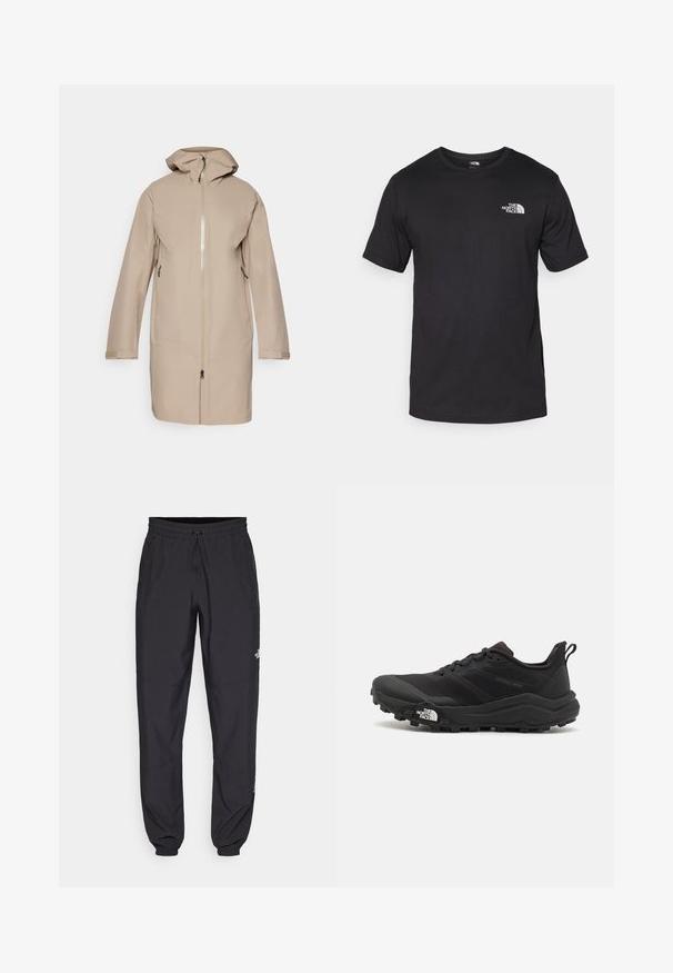 Μπεζ μπουφάν μέχρι το γόνατο με φερμουάρ μπροστά. Διαθέτει κουκούλα, πλαινές τσέπες με φερμουάρ και ρυθμιζόμενους καρπούς. Λείος υφασμάτινος σχεδιασμός, μινιμαλιστική αισθητική.; Μαύρη κοντομάνικη μπλούζα φτιαγμένη από βαμβάκι, με στρογγυλή λαιμόκοψη και μικρό λευκό λογότυπο στην άνω αριστερή περιοχή του στήθους.; Μαύρη αθλητική παντελόνι κατασκευασμένο από ελαφρύ ύφασμα, με ζώνη που ρυθμίζεται με κορδόνι, πλευρικές τσέπες και στενές μανσέτες στους αστραγάλους.; Μαύρο αθλητικό παπούτσι τρεξίματος με υφασμάτινο άνω μέρος, καουτσούκ σόλα και ενισχυμένη μύτη. Διαθέτει επενδεδυμένο κολάρο και θηλιά στα πίσω για εύκολη φορεσιά.