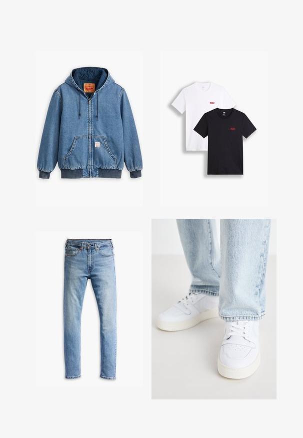 Kék farmer kapucnis dzseki cipzárral, elülső zsebekkel, bordázott mandzsettákkal és hemperling béléssel. Levi's címke látható belül.; Két rövid ujjú póló: az egyik fehér, a másik fekete. Mindkettő pamutból készült, a mellkason piros Levi's logóval. Egyszerű, környakú kialakítás.; Világoskék farmernadrág egyenes szabásban, öt zsebbel, gombos záródással és finom kopással az anyagon.; Fehér bőr alacsony szárú sportcipők perforált orral, lapos fűzőkkel és minimalista kialakítással. Világoskék farmernadrággal párosítva.