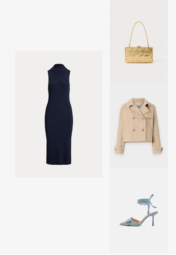 Beige cropped trench coat with double-breasted button closure, broad collar, and side pockets. Features cuff straps at sleeves.; Navy blue sleeveless ribbed dress featuring a high neck and form-fitting silhouette, made from a textured knit material.; Pointed-toe high heel shoe in light blue fabric with a textured finish, featuring a bow accent and ankle strap for secure fit.; Gold sequin clutch with a rectangular shape, featuring a twisted chain handle and a metal clasp closure, reflecting light with a textured finish.