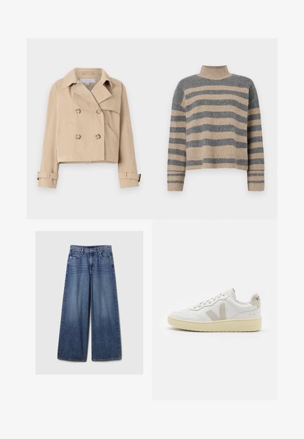 Beige lyhytriptinen trenssitakki, jossa on double-breasted-nappikiinnitys, leveä kaulus ja sivutaskut. Hihansuissa on hihansuitsut.; Raidallisen neulepaidan harmaan ja beigen sävyiset värit, korkea kaulus, leveät hihansuut ja rento istuvuus lyhyellä leikkauksella.; Vaaleansiniset, leveälahkeiset farkut, joissa on haalistunut viimeistely. Ne sisältävät napin ja vetskarin, viisi taskua sekä vyölenkit.; Valkoiset nahkakengät, joissa on vaaleanruskeat pigmenttisuojat, rei'itetty kärki, litteät nauhat ja teksturoitu kermaisa pohja. Takana on huomaamaton brändäys.