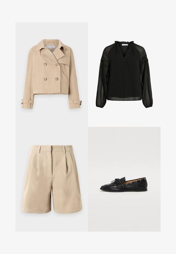 Beige rövidített trench coat dupla gombos záródással, széles gallérral és oldalsó zsebekkel. Az ujjaknál mandzsettakompaktok találhatók.; Fekete blúz V-nyakkivágással, fodros nyakkal, áttetsző hosszú ujjakkal és csipke díszítéssel a vállakon. Könnyű, lehelet finom anyag.; Beige, magas derekú, szabott sort övhurkokkal, elülső redőkkel és rejtett elülső zárással, fehér háttér előtt.; Fekete bőr lófarok cipők, megkötött masnival, arany szemcsés díszítéssel az oldalán és lapos gumitalppal. Simaság, klasszikus dizájn.
