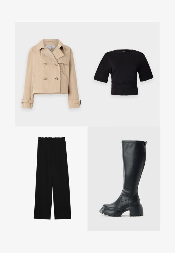 Beige cropped trench coat with double-breasted button closure, broad collar, and side pockets. Features cuff straps at sleeves.; Gina Tricot SOFT TOUCH RUCHED TEE - Basic T-shirt - black; Black wide-leg trousers with a ruffled waistband, featuring two side pockets and a smooth, lightweight fabric. No visible patterns or hardware.; Tall black leather boot with chunky platform sole and block heel, featuring pull tab and textured tread on outsole.