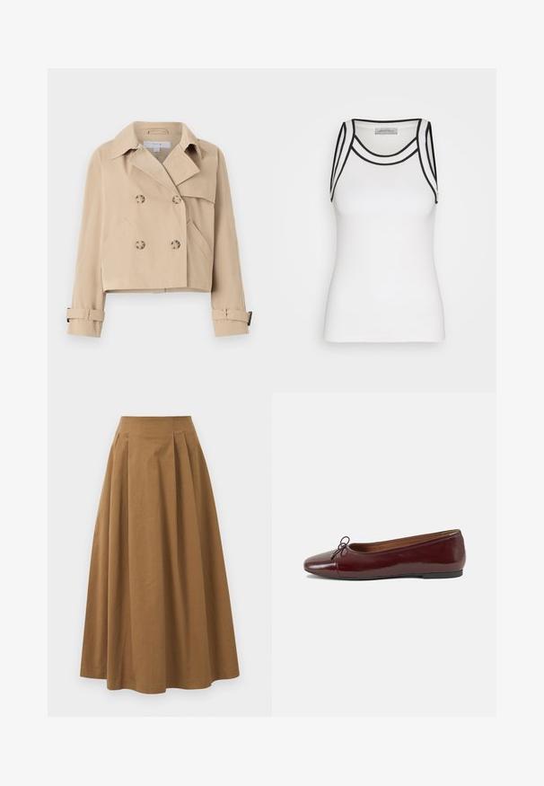 Beige lyhytriptinen trenssitakki, jossa on double-breasted-nappikiinnitys, leveä kaulus ja sivutaskut. Hihansuissa on hihansuitsut.; Valkoinen ribbikangasta oleva hihaton paita, jossa on mustat yksityiskohdat kaula-aukon ja kainaloiden ympärillä, ja se istuu tiukasti.; Ruskea puuvillainen A-linjainen hame korkealla vyötäröllä, jossa on laskokset edessä ja sileä pinta. Helma on viimeistelty siististi ja yksinkertaisesti.; Burgundin värinen lakattu nahkainen ballerinatossu pyöreällä varvaskärjellä, pienen nauhan yksityiskohdalla edessä ja matalalla mustalla kumipohjalla. Sujuva pinta.