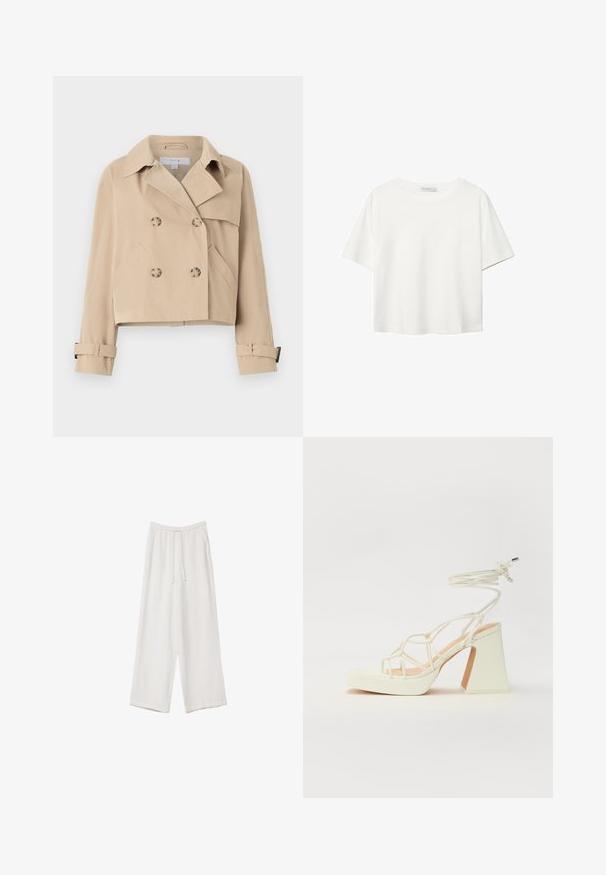 Beige kort trenchcoat med dubbelknäppt knappstängning, bred krage och sidofickor. Har manschettband vid ärmarna.; Vit t-shirt med kort ärm i bomull. Har en rundad halsringning och en avslappnad passform. Slät textur utan synliga mönster eller detaljer.; Vita vida byxor i vid passform gjorda av ett lättviktsmaterial. Har en elastisk midja med dragsko och sidofickor. Slät textur.; Vit högklackad sandal med en kraftig klack, med ett remdesign och ankelband. Slät textur med en plattform framtill för ökad höjd.