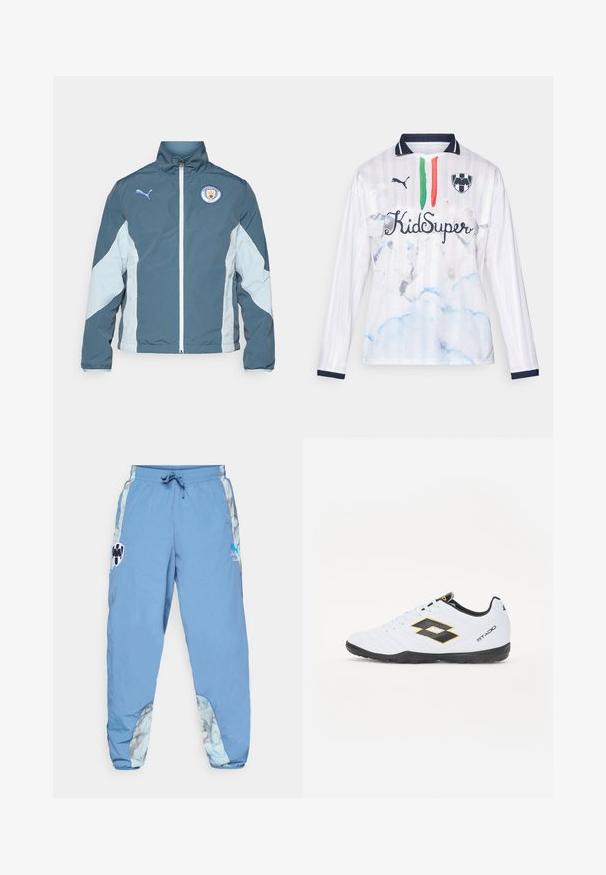 Windbreaker jacket in dark teal and light blue, featuring a zip front, high collar, and Manchester City logo on the chest.; White long-sleeve jersey with a striped design, featuring blue cloud patterns, green and red stripes, and "KidSuper" text. Navy accents on the collar.; Light blue track pants with an elastic waistband, side pockets, and abstract patterned accents on the lower sides. Features logo details.; White sports shoes with black and yellow accents, featuring a textured upper, round toe, and a black rubber sole. The design includes a logo detail on the side.