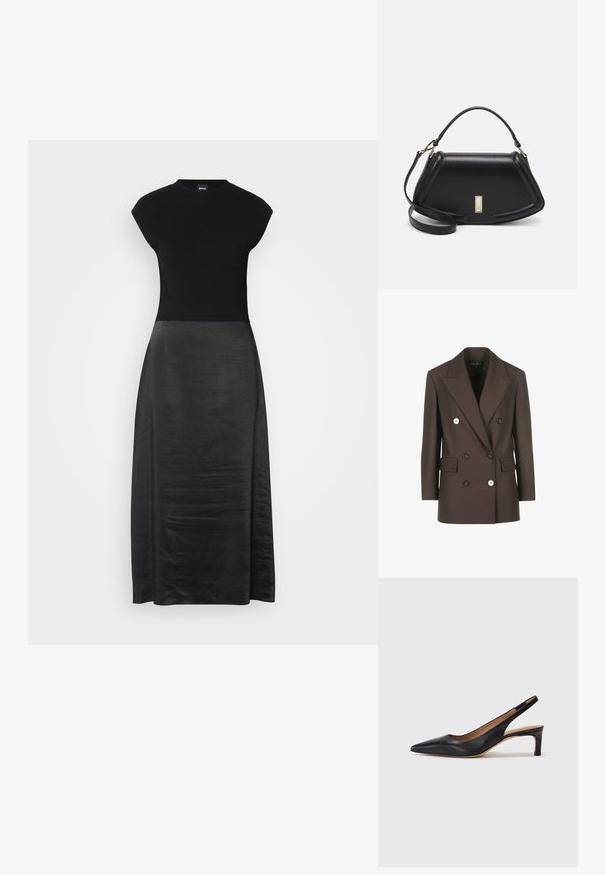 Dubbelzijdig bruine blazer met gestructureerde schouders, twee voorkruiszakken, contrasterende witte knopen en een gladde stoftextuur.; Zwart jurkje met een getailleerde corsage en een vloeiende, zachte rok. Met kapmouwen, ronde halslijn, gladde textuur en enkel-lang ontwerp.; Zwarte leren slingback pump met een puntige neus, lage hak en een gladde textuur. Beschikt over een dunne verstelbare band voor een veilige pasvorm.; Zwarte leren handtas met een gestructureerd ontwerp, featuring een verkorte vorm, bovenhandvat en gouden hardwareaccent. Inclusief verstelbare schouderband.