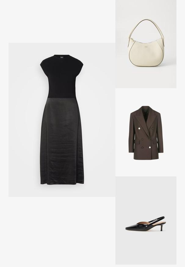 Hnědý sako s dvojitým zapínáním, strukturovanými ramenními vycpávkami, dvěma předními kapsami, kontrastními bílými knoflíky a hladkou texturou látky.; Černé šaty s těsným korzetem a splývavou, hedvábnou sukní. Rukávy s polovičním rukávem, kulatý výstřih, hladká textura a délka až po kotníky.; Černé lakované slingback lodičky se špičatou špičkou, malým podpatkem a výřezovým designem na svršku. Zlaté kovové detaily na straně.; Kabelka krémové barvy s texturovaným povrchem, zakřiveným tvarem, krátkým uchopením a zlatým logem. Zapínání na zip na vrchu.