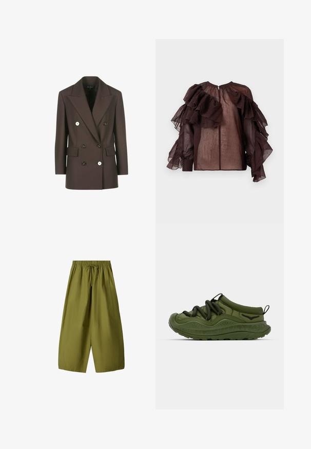 Dvojradový hnedý blejzer so štruktúrovanými prštekmi, dvomi prednými vreckami, kontrastnými bielymi gombíkmi a hladkou textúrou látky.; Tmavý priesvitný top s objemnými vrstvenými volánmi na rukávoch a hornej časti hrudníka, nariasený výstrih a zapínanie na gombík na zadnej strane.; Olivovo zelené, široké nohavice s elastickým pásom a šnúrkou. Vyrobené z ľahkého materiálu, obsahujú dve bočné vrecká.; Zelený teniska s textúrovanou gumovou podrážkou, elastickými šnúrkami a hladkým textíliovým vrchom. Obsahuje okrúlu špičku a jemný detail loga.