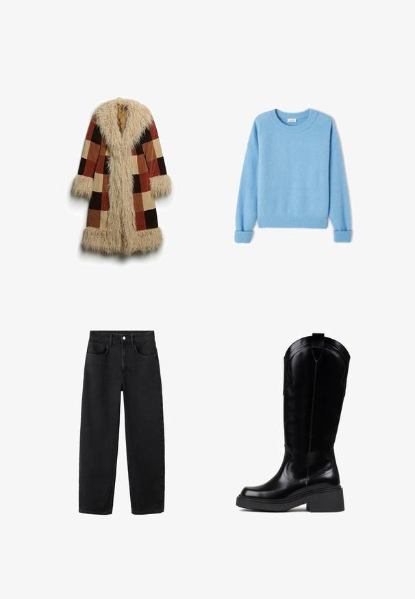Lång kappa med faux pälskrage och manschetter, prydd med ett rutigt mönster i brunt, rost och beige. Mjuk, texturerad yttermaterial.; Ljusblå tröja i mjukt, borstat tyg. Har ribbade ärmslut och nederkant, samt en rundad halsringning. Avslappnad passform med sänkt axelsöm.; Svarta denimjeans med rak passform, som har fem fickor, knappgylf och en klassisk design. Mjuk textur med en ren finish.; Bronx DAFF - Cowboy- / Bikerboots - black