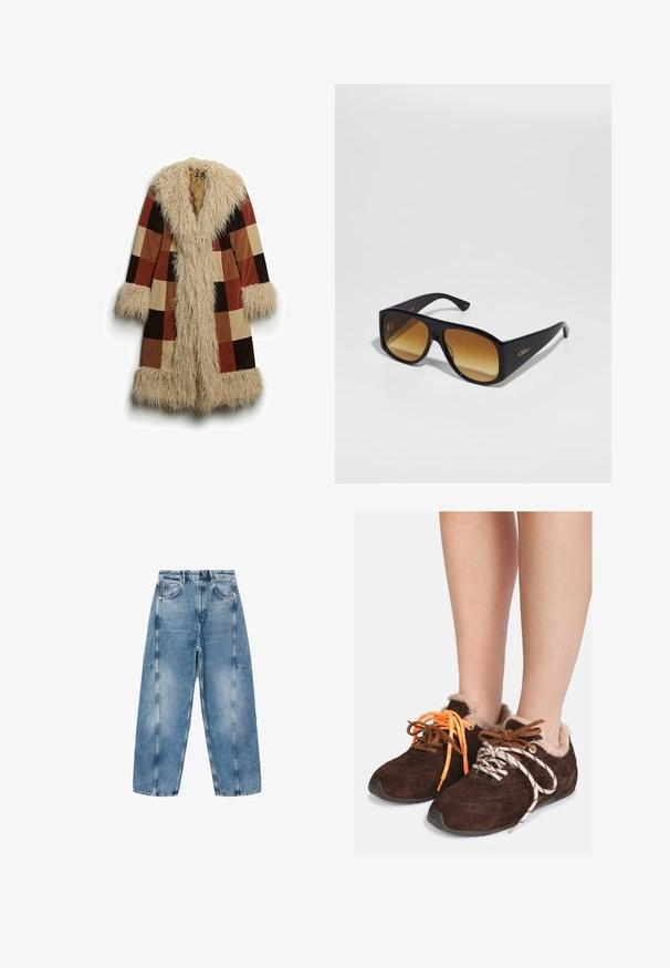 Long coat with a faux fur collar and cuffs, featuring a checkered pattern in brown, rust, and beige. Soft, textured outer material.; Gray cropped sweater made from soft, fuzzy material. Features long sleeves and a round neckline, with a smooth, lightweight texture.; White short-sleeve T-shirt made of soft cotton, featuring a round neckline and a relaxed fit with rolled hem details. No patterns or accents.; Light blue denim jeans feature a relaxed fit, large pockets, and contrasting stitching. The fabric has a faded finish with a smooth texture.; Brown suede slip-on shoes with fur lining worn on bare feet, featuring mismatched laces: one orange and one white with black stripes.; Black rectangular sunglasses with brown gradient lenses. Made of plastic, featuring a smooth surface and a subtle gold logo on the temple.