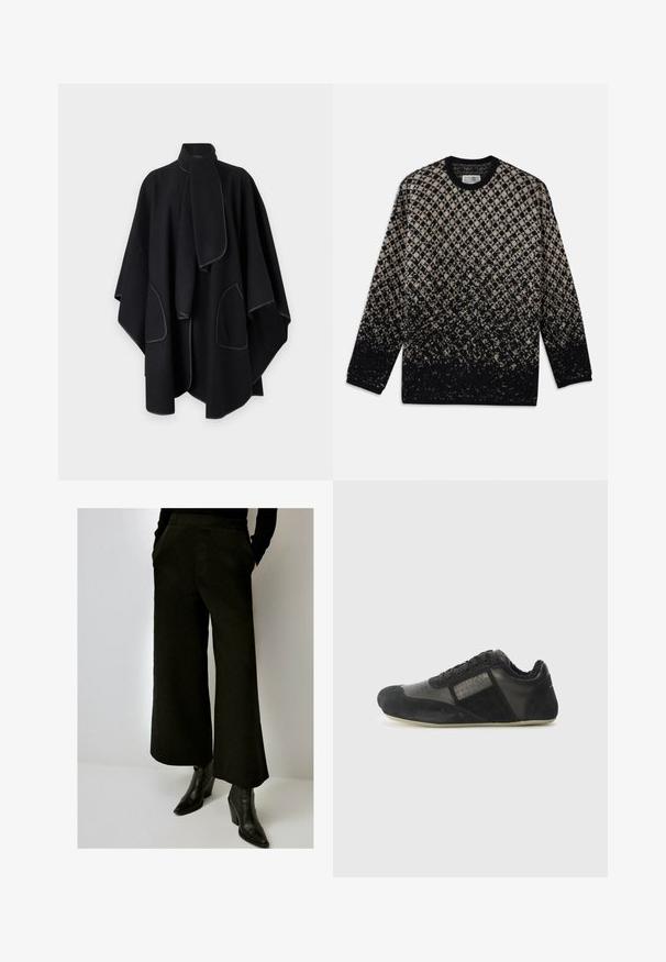 Aware VMNAOMI - Pláštenka - black; Pletený sveter s diamantovým vzorom v béžovej a čiernej farbe, s postupným farebným prechodom. Výstrih do crew a dlhé rukávy. Jemná textúra.; Čierne široké nohavice s elastickým pásom, bočnými vreckami a hladkým materiálom; skombinované s čiernymi lodičkami na ihlovom opätku.; Čierna športová obuv vyrobená z semišových a kožených materiálov. Obsahuje zaoblenú špičku, šnurovanie, textúrované akcenty a flexibilnú podrážku.