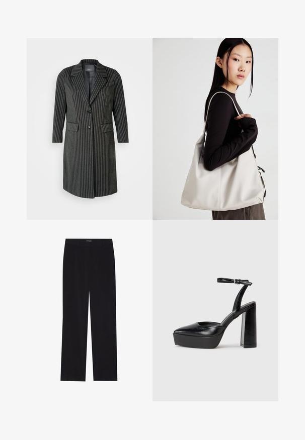 Melns pinstripes garais mētis ar izgriezto apkakli, divām priekšējām kabatām un vienu pogu aizdari. Materiāls izskatās ciets ar gludu apdari.; Melna kokvilnas T-krekls ar īsām piedurknēm, kuram priekšā kreisajā pusē ir neliels rozā tauriņa grafiskais attēls. Ar apaļu kaklu un brīvā stila piegriezumu.; Melni korduroja bikses ar taisnu piegriezumu, ar plakanu jostasvietu un bez redzamām kabatām, gluda tekstūra un vertikālas ribas detaļa.; Melnas platformas papēžs ar norādītu purngala formu un regulējamu potītes siksniņu. Izgatavotas no gludas ādas, ar masīvu bloku papēdi.; Bežs rokassoma, izgatavota no mīksta materiāla, ar brīvu dizainu, izšūtu apdari un divām plecu siksnām. Piemērota ikdienas lietošanai.