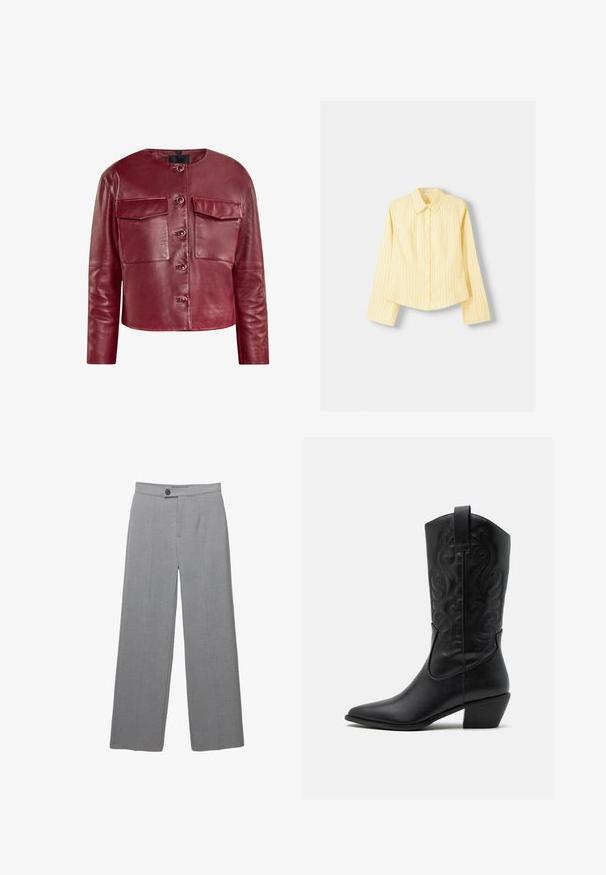 Jachetă scurtă din piele roșie, cu guler rotund, buzunare frontale și nasturi cu capse. Are o textură netedă și mâneci lungi.; Cămașă galbenă cu dungi, cu mâneci lungi, guler ascuțit și închidere cu butoane în față. Prezintă dungi verticale albastre și un croi adaptat.; Pantaloni gri, ajustați, cu picior wide, față plată și textură subtilă. Au închidere cu un singur buton și linii clare.; Boot de cowboy din piele neagră, cu vârf ascuțit, modele viu încrustate și toc de înălțime medie. Include un tab pentru a fi purtat ușor.