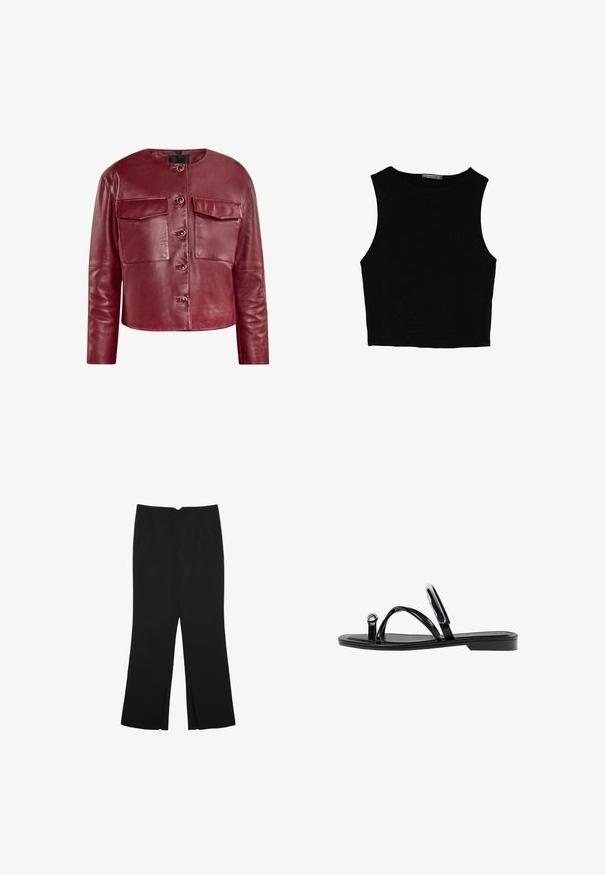 Červená kožená skrátená bunda s okrúhlym výstrihom, prednými vreckami a cvokovými gombíkmi. Má hladký povrch a dlhé rukávy.; Čierny bezrukávový crop top vyrobený z hladkej tkaniny, so zaobleným výstrihom a čistým, jednoduchým dizajnom bez vzorov alebo kovania.; Čierne nohavice so strihom rovného strihu, s prednými vreckami a bočnými rozparkami na leme. Vyrobené z mäkkej, hladkej tkaniny. Vhodné na rôzne príležitosti.; Čierne ploché sandále s lesklým povrchom, tromi tenkými popruhmi a okrúhlou kovovou ozdobou na prste. Elegantný dizajn s minimálnym podpätkom.