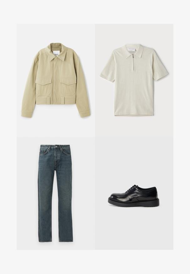 Nanushka RUBEN - Ljetna jakna - pebble; Polo majica kratkih rukava u svijetloj bež boji s zatvaračem na ovratniku. Napravljena od glatkog materijala, sadrži jednostavan, moderan dizajn bez uzoraka.; Tamno plave traperice s ravnim nogavicama, koje imaju pet džepova, zatvaranje na dugme i kontrastne šavove.; Crne kožne cipele na vezivanje s zaobljenim vrhom, glatkom površinom i debelim gumenim potplatom s suptilnim žljebovima za prianjanje.
