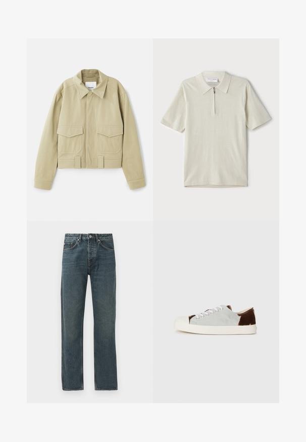 Nanushka RUBEN - Skraistė - pebble; Šviesiai bežinis trumpomis rankovėmis polo marškinėliai su užtrauktuku ant apykaklės. Pagaminti iš lygaus audinio, pasižymi paprastu, moderniu dizainu be raštų.; Tamsiai mėlyni džinsai su tiesiomis kojomis, turintys penkis kišenes, mygtuko uždarymą ir kontrastingus siuvimo akcentus.; Žemo profilio sportbačiai su pilku kanapių viršumi ir rudais zomšiniais akcentais, baltais raišteliais ir kreminiu guminiu nosiu. Lygus padas, skirtas kasdieniam dėvėjimui.