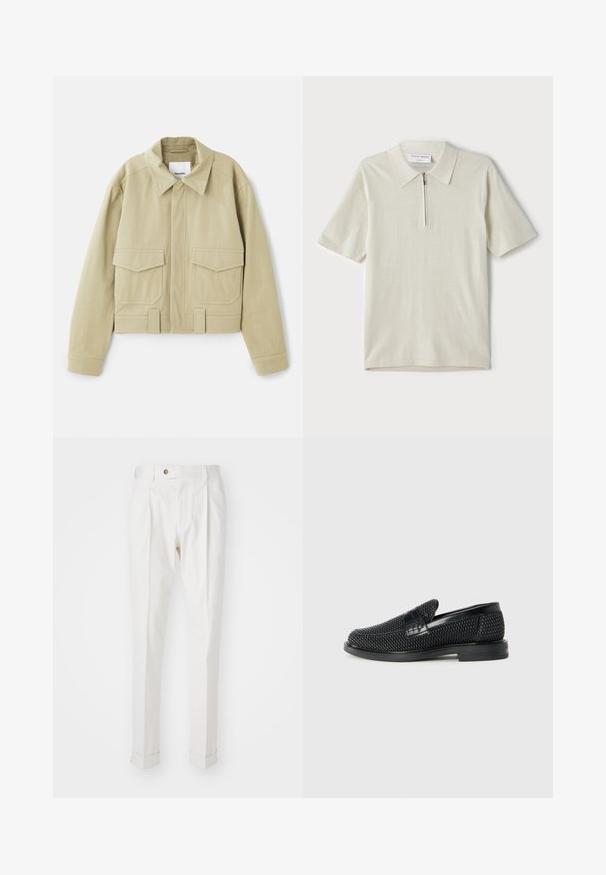 Nanushka RUBEN  - Jachetă de vară - pebble; Tricou polo cu mânecă scurtă, de culoare bej deschis, cu guler cu fermoar. Confecționat dintr-un material fin, are un design simplu și modern, fără modele.; Pantaloni albi, croiți pe măsură, cu un front plat, două plii și manșete rulate. Realizați dintr-un material neted, cu închidere cu nasture la talie.; Pantofii negri din material textil, cu accent din piele netedă pe partea superioară, design cu vârf rotund și talpă din cauciuc de profil redus.