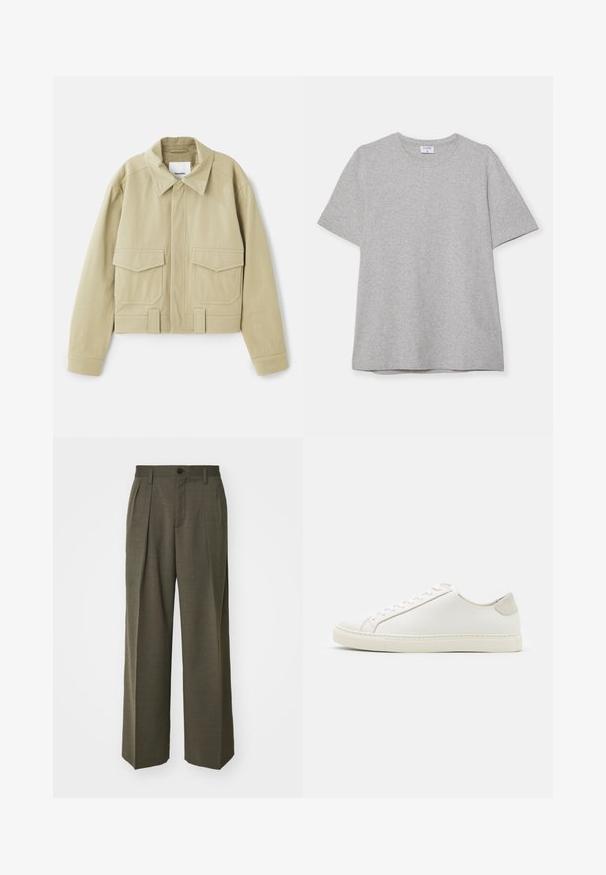 Nanushka RUBEN  - Let jakke / Sommerjakker - pebble; Grå kortærmet T-shirt lavet af blødt, struktureret stof. Har en klassisk rund hals og en lige kant, velegnet til afslappet brug.; Filippa K WIDE TROUSERS - Bukser - driftwood; Hvide lædersneakers med en glat overflade, rund tå og minimalistisk design. Funktioner i beige nuancer på hælen og en gummisål.