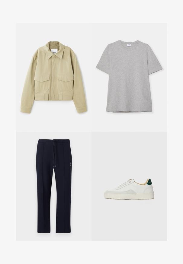 Nanushka RUBEN - Letná bunda - pebble; Sivá krátke rukávové tričko vyrobené z mäkkej, textúrnej látky. Má klasický okrúhly výstrih a rovný lem, ideálne na neformálne nosenie.; Námornícke nohavice s voľným strihom, vybavené šnúrkou v páse a bočnými vreckami. Hladká tkanina s jemnými prednými záhybmi a logom.; Biele tenisky s semišovými akcentmi, zaoblenou špičkou, plochými šnúrkami a krémovou gumovou podrážkou. Na päte sú zelené značky.