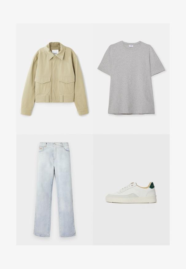 Nanushka RUBEN - Lichte jas - pebble; Grijze T-shirt met korte mouwen, gemaakt van zacht, textuurstof. Heeft een klassieke ronde hals en een rechte zoom, geschikt voor casual dragen.; Lichtblauwe denim jeans met een recht gesneden ontwerp, voorzien van een knoopsluiting, vijf zakken en contrasterende stiksels.; Witte sneaker met suède accenten, ronde neus, platte veters en een crème rubberen zool. Bevat groene branding op de hiel.