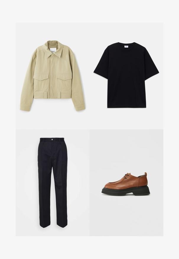 Nanushka RUBEN - Lehká bunda - pebble; Černé oversized tričko s krátkým rukávem, kulatým výstřihem a viditelnou značkou Filippa K uvnitř límce.; Černé kalhoty na míru s rovně střiženým designem, vyrobené z hladké látky, s předním zapínáním na knoflík a dvěma bočními kapsami.; Hnědá kožená bota s kulatou špičkou, šněrovacím designem a silnou černou vrstvenou podrážkou. Vyznačuje se svou strukturovanou siluetou a texturou.