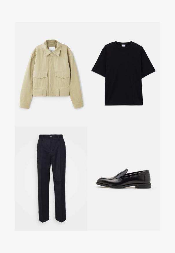 Nanushka RUBEN - Leichte Jacke - pebble; Schwarzes, oversized T-Shirt mit kurzen Ärmeln und rundem Ausschnitt, mit sichtbarem Filippa K Markenlabel im Kragen.; Schwarze, maßgeschneiderte Hose mit geradem Bein, aus glattem Stoff, mit einem vorderen Knopfverschluss und zwei seitlichen Taschen.; Schwarze Lederloafers mit glatter Textur, rundem Zehenbereich und einem dekorativen Riemen über dem Vorderfuß. Niedriger, gestapelter Absatz, minimalistisches Design.