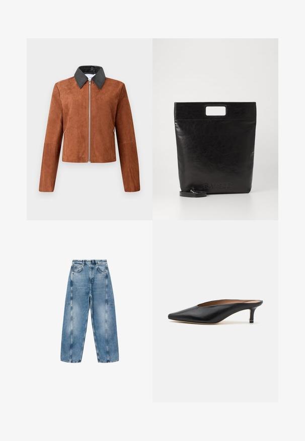 Brown suede cropped jacket with a black leather point collar, front zipper, and long sleeves. Smooth texture with minimal design details.; White cropped sweatshirt with long sleeves, featuring a chain and heart pattern in metallic thread along the neckline and shoulders.; Light blue denim jeans feature a relaxed fit, large pockets, and contrasting stitching. The fabric has a faded finish with a smooth texture.; Black leather mules with a pointed toe and low, block heel. Smooth texture with a sleek design. Open back with minimal detailing.; Black leather tote bag with a square handle, featuring a textured finish and embossed logo. Includes a detachable strap.