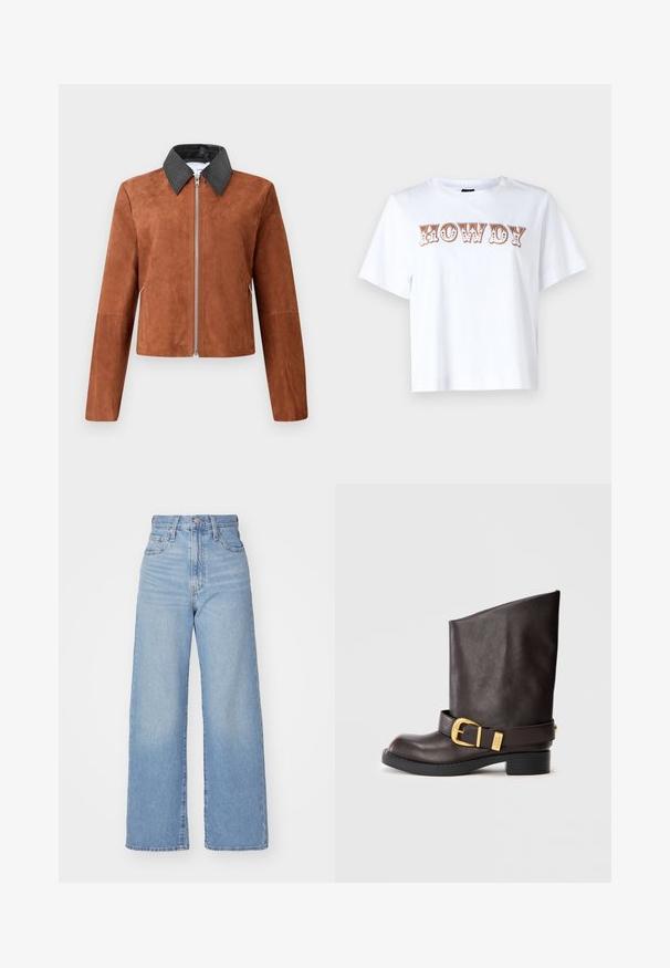 Pruun suede lühike jakk musta nahast punktkaelusega, esine lukuga ja pikkade varrukatega. Sile tekstuur minimaalse disainiga.; Valge puuvillane T-särk lühikeste varrukatega ja ümarate kaelustega, mille ees on stiliseeritud pruuni värvi kiri "HOWDY".; Heledad sinine kõrge vöökohaga laiad teksad, ees nupp ja tõmblukk, ees ja taga taskud, valge tausta peal.; Tumedad pruun nahast keskmise säärega saapad musta tallaga, madala kontsaga ja dekoratiivse kuldse nööri ümber pahkluu, esitatud külgvaates.