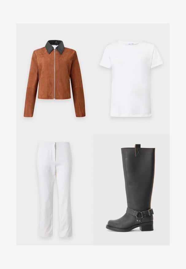 Giacca cropped in suede marrone con colletto a punta in pelle nera, zip frontale e maniche lunghe. Texture liscia con dettagli di design minimi.; T-shirt bianca a maniche corte in cotone con design a girocollo. Tessuto liscio e taglio dritto, senza motivi o accenti.; Pantaloni bianchi in cotone con design a gamba dritta, caratterizzati da una vita a media altezza e senza hardware o motivi visibili. Tessuto liscio su tutta la superficie.; Stivale nero in pelle alta fino al ginocchio con finitura texturizzata, caratterizzato da un'accento a fibbia laterale e un tacco basso. Cuciture dettagliate lungo le cuciture.