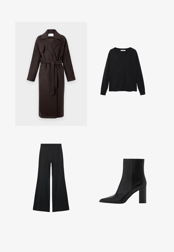Donkerbruine lange jas met een riem, gemaakt van zacht materiaal. Heeft een omgeslagen kraag en twee zijzakken, met een losse, ontspannen pasvorm.; Zwarte trui met lange mouwen, ronde halslijn en een ontspannen pasvorm. Gemaakt van een gladde, lichtgewicht stof met een eenvoudig ontwerp.; Zwarte wijde-pijpen broek met een gladde textuur, gekenmerkt door voorplooien en een op maat gemaakte uitstraling. De stof is lichtgewicht en vloeiend.; Zwarte leren enkellaars met een spits toelopende neus, hoge blokhak en een gladde afwerking. Eenvoudig ontwerp met strakke lijnen, zonder zichtbare hardware.
