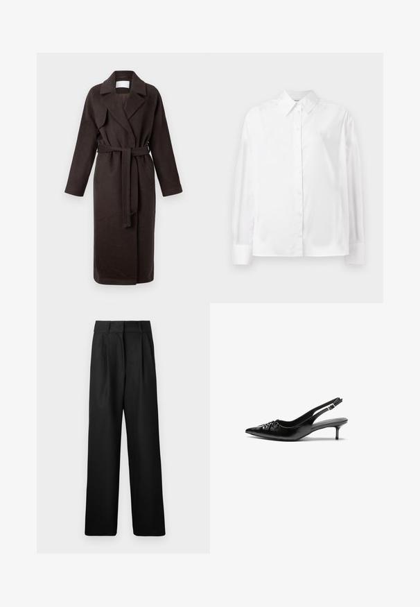 Dunkelbrauner langer Mantel mit einem Gürtel, aus weichem Stoff gefertigt. Verfügt über einen zugeschnittenen Kragen und zwei Seitentaschen, mit einer lockeren, entspannten Passform.; Weißes Langarm-Hemd mit Knopfverschluss aus einer glatten Baumwollmischung. Verfügt über einen klassischen Kragen, eine Frontknopfverschluss und abgerundete Manschetten.; Schwarze weit geschnittene Hose mit glatter Textur, ausgestattet mit Vorderfalten und einem hochgeschnittenen Design. Hergestellt aus einem leichten Stoff.; Schwarze Leder-Slingback-Absätze mit einer spitzen Zehenform, kleinen Kitten-Absätzen und einem dekorativen Knoten-Detail auf der Vorderseite. Glatte Textur über die gesamte Fläche.