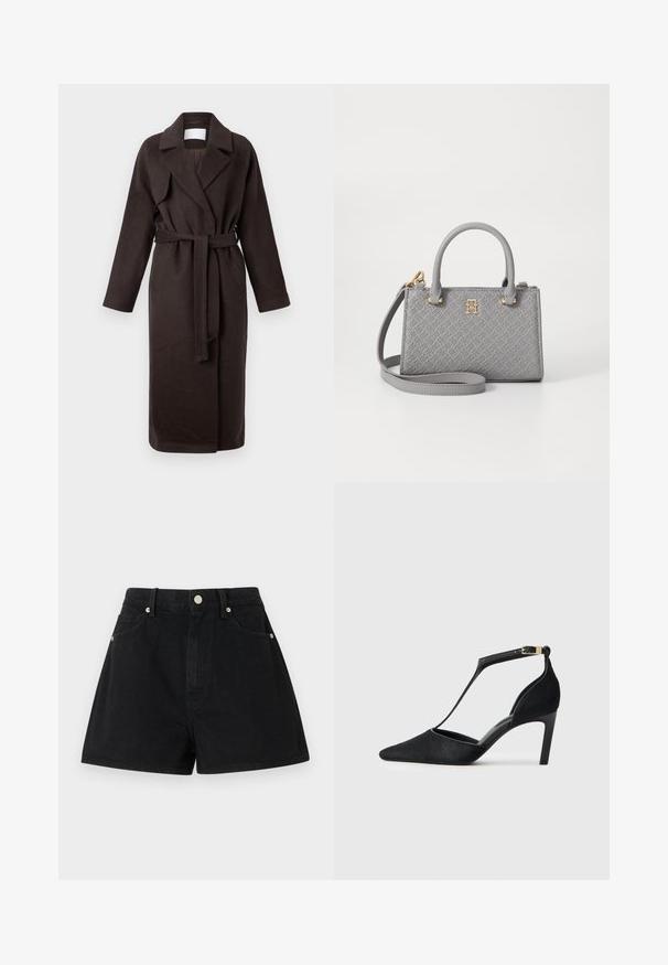 Tamsiai rudas ilgas paltas su diržu, pagamintas iš minkštos medžiagos. Yra išpjautas apykaklė ir dvi šoninės kišenės, su laisvu, atsipalaidavusiu siluetu.; Juodas medvilninis marškinėliai su trumpomis apvyniotomis rankovėmis, turintys reljefinį logotipą centre ir mažą vėliavėlės akcentą šone.; Juodi džinsiniai šortai su aukštu liemeniu, penkiomis kišenėmis, sidabro detalėmis ir standartiniu siluetu, pasižymintys lygia tekstūra ir tvarkingais apdailos darbais.; Juodos aukštakulnės bateliai su smailiu priekiu, plona kulkšnies juosta su auksine detalėmis ir švelnia tekstūra.; Tommy Hilfiger ETERNITY MICRO TOTE MONO - Rankinė - universal grey