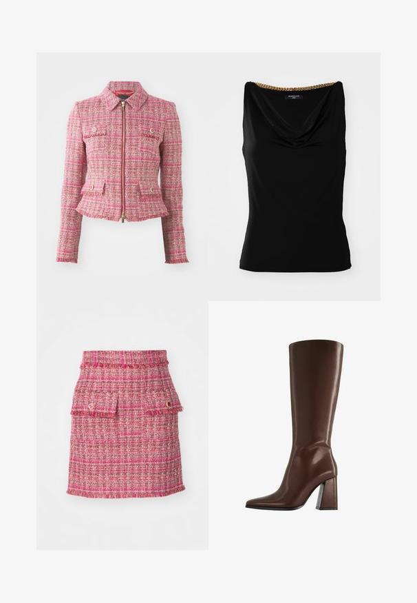 Roze tweed jasje met een getailleerd silhouet, gouden ritssluiting, vier voorzakken en een rafelige zoom. Heeft een kraaghalslijn en lange mouwen.; Zwarte mouwloze top met een gedrapeerde halslijn en een gouden kettingaccent op de schouder. Gemaakt van een zachte stof met een getailleerde snit.; Roze tweed rok met een gestructureerde weving, twee voorzakken met franjes aan de randen en een subtiele metallic accent.; Bruine kniehoge leren laars met puntige neus en stevige hak van middelhoge hoogte, zijaanzicht op witte achtergrond.