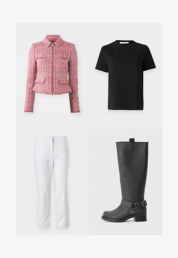 Jachetă roz din tweed cu o siluetă ajustată, fermoar auriu, patru buzunare frontale și tiv desfăcut. Prezintă un guler la gât și mâneci lungi.; Tricou negru cu manșon scurt, fabricat din bumbac moale, având un guler rotund, o croială lejeră și o textură netedă. Fără modele sau grafice vizibile.; Pantaloni din bumbac alb, cu un design drept, având talie medie și fără hardware sau modele vizibile. Textură uniformă pe întreaga suprafață.; Cizmă înaltă din piele neagră, cu un finisaj texturat, având un accent cu cataramă pe lateral și un toc mic. Cusături detaliate de-a lungul cusăturilor.