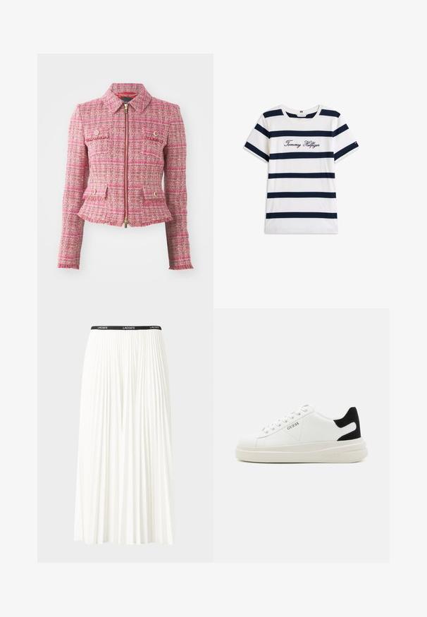 Rosa Tweed-Jacke mit taillierter Silhouette, goldener Reißverschluss, vier vordere Taschen und fransigem Saum. Verfügt über einen Kragen und lange Ärmel.; Baumwoll-T-Shirt mit horizontalen navy-blauen Streifen auf weißem Hintergrund. "Tommy Hilfiger" in Kursivschrift auf der Brust gestickt. Runder Halsausschnitt.; Faltenrock aus Weiß mit einem schwarzen elastischen Bund, der das "LACOSTE"-Logo trägt. Mittellanges Design mit weicher Textur.; Weiße Leder-Sneaker mit einer dicken weißen Sohle, schwarzem Wildlederakzent an der Ferse und geprägtem Logo an der Seite. Schnürdesign mit sechs Ösen.
