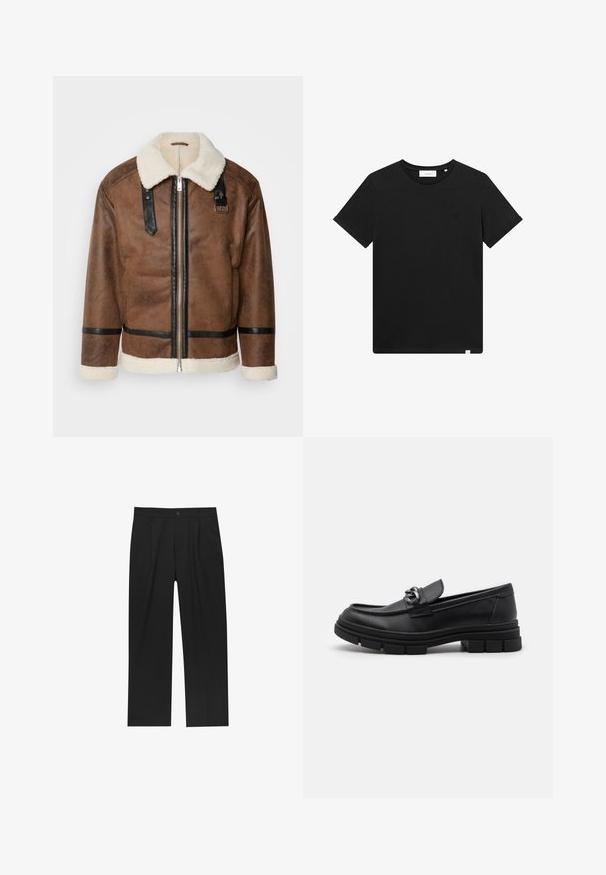 Rjava usnjena jakna z črnimi detajli in ovratnikom iz ovčje kože. Ima sprednji zadrgo in detajle na ramenskem pasu. Teksturiran zaključek.; Črn kratkolasasti T-majica iz bombaža z okroglim izrezom in majhnim logotipom vezenim na prsih. Gladka tekstura, standardna prileganja.; Črne hlače z ravnim krojem, narejene iz gladkega materiala. Imajo sprednje gube in enojno zaponko na pasu.; Črni usnjeni loaferji z zaobljenim nosom, dekorativnim trakom in dodatki ter debelim teksturiranim podplatom. Gladek zaključek s subtilnimi detajli.
