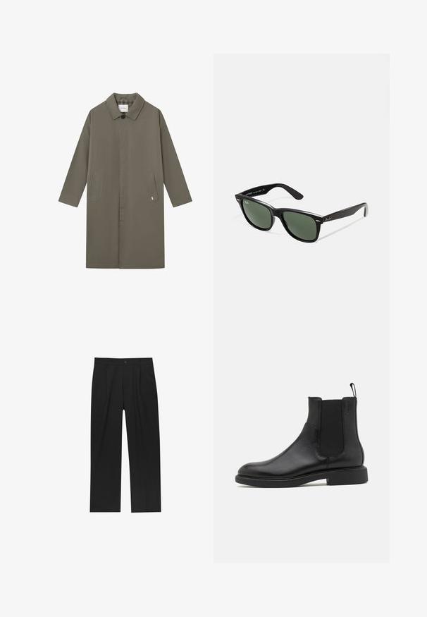Les Deux MATEO COAT - Ballonkabát - bungee cord; Fehér, rövid ujjú póló, puha pamutból készült. Kerek nyakkivágással és egyenes aljjal rendelkezik, minimális részletezéssel.; Fekete nadrág egyenes szárú kialakítással, sima anyagból készült. Elöl redők és egy gombos záródás található a derékon.; Fekete bőr bokacsizma sima felülettel, elasztikus oldalsó panelekkel és egy húzófüllel. Kerek orr és lapos gumi talp minimális bordázattal.; Fekete műanyag napszemüveg zöld lencsékkel, négyzet alakú kerettel, ezüst díszítéssel a keret felső részén, valamint texturált szárakkal. A márka neve a belső száron található.