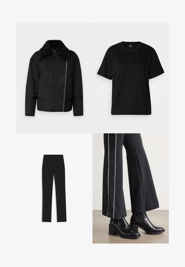 Svart fuskmockajacka med en plyschig svart krage, sidodikningsstängning och långa ärmar med minimala sömnadsdetaljer.; Svart bomullströja med rund halsringning, korta ärmar och en broderad logotyp på bröstet. Enkel, avslappnad passform utan mönster.; Svarta skräddarsydda byxor med rak bendesign, som har framfickor och ett slätt, strukturerat tyg. Prydlig, minimal detaljer.; Svarta läderankelboots med klack, med elastiska sidopaneler. I kombination med svarta byxor som har en vit sidostrip.
