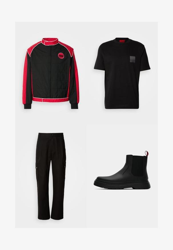 Schwarze gesteppte Jacke mit roten Akzenten und weißen Paspeln. Mit hohem Kragen und rundem Logo auf der Brust. Leichtes Material.; Schwarzes Baumwoll-T-Shirt mit Rundhalsausschnitt, versehen mit einem strukturierten schwarzen Patch mit Logo auf der linken Brust. Kurze Ärmel und entspannter Schnitt.; Schwarze Cargo-Hosen aus Baumwolle mit lockerem Schnitt, seitlichen Taschen, Knopfverschluss und geradem Bein. Einfaches Design ohne Muster.; Schwarze Knöchelstiefel mit glatter Oberfläche, elastischen Seitenpaneelen und einem kontrastierenden roten Zuglasche, ausgestattet mit einer dicken Gummisohle und einer runden Zehenpartie.