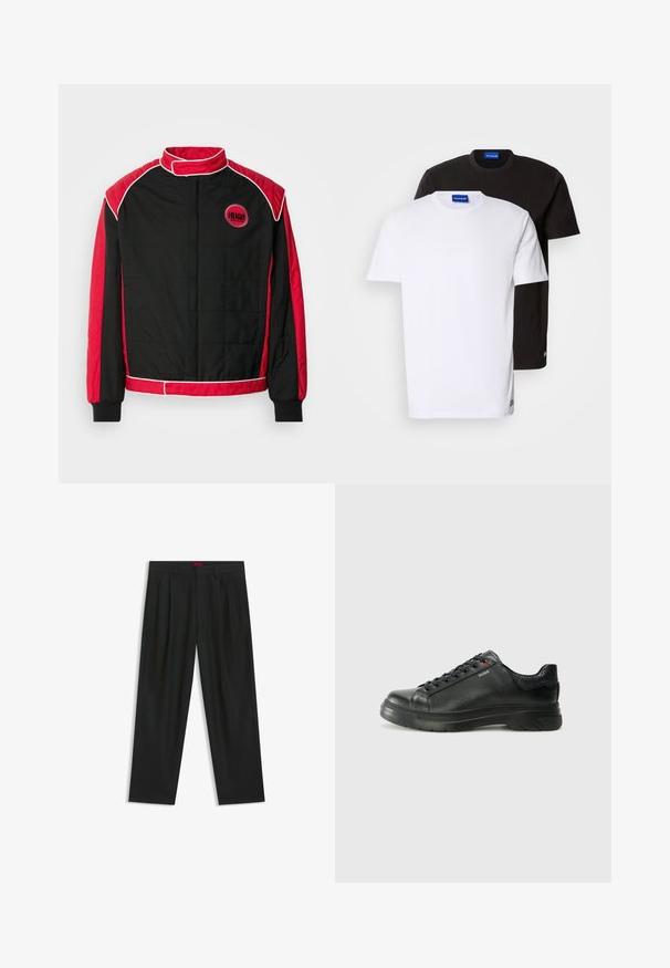 Schwarze gesteppte Jacke mit roten Akzenten und weißen Paspeln. Mit hohem Kragen und rundem Logo auf der Brust. Leichtes Material.; Zwei übereinander gestapelte T-Shirts: eines weiß und eines schwarz. Kurze Ärmel, runde Ausschnitte, aus Baumwollstoff. Mit einem kleinen blauen Logo am Ausschnitt.; Schwarze Hose mit einem gefältelten Design, weiter Beinform und glatter Textur. Verfügt über ein rotes Taillenlabel.; Schwarze Leder-Sneaker mit strukturiertem Obermaterial, gepolstertem Kragen und rotem Logo-Detail. Verfügt über eine dicke Gummisohle mit markantem Profil.