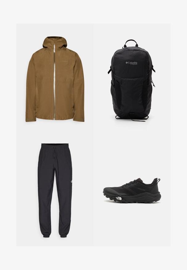 Berghaus BRAMBLFELL - Αδιάβροχο μπουφάν - bark/oak moss; Μαύρο κοντομάνικο T-shirt φτιαγμένο από ελαφρύ ύφασμα. Έχει ένα μικρό λευκό λογότυπο στο αριστερό στήθος και διακριτικές λεπτομέρειες στους ώμους.; Μαύρη αθλητική παντελόνι κατασκευασμένο από ελαφρύ ύφασμα, με ζώνη που ρυθμίζεται με κορδόνι, πλευρικές τσέπες και στενές μανσέτες στους αστραγάλους.; Μαύρο αθλητικό παπούτσι τρεξίματος με υφασμάτινο άνω μέρος, καουτσούκ σόλα και ενισχυμένη μύτη. Διαθέτει επενδεδυμένο κολάρο και θηλιά στα πίσω για εύκολη φορεσιά.; Μαύρο σακίδιο Columbia Titanium με λεία υφή υφάσματος, πλαϊνές τσέπες, χερούλι στην επάνω πλευρά και ρυθμιζόμενους ιμάντες. Μινιμαλιστικός σχεδιασμός με διακριτική σήμανση.