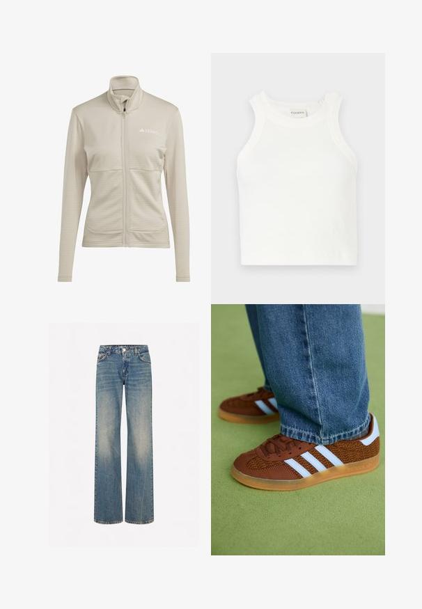 adidas Terrex MULTI FULL ZIP JACKET - Flīsa jaka - beige; Baltas ribots t-krekls ar platām plecu siksnām un pieguļošu siluetu. Iekļauts neliels uzspiedušais logos tuvumā apakšmalai.; Gaiši zili džinsu bikšu ar platu kāju griezumu, izbalējušu tekstūru, piecām kabatām, pogu aizdari un kontrastējošām šuvēm.; Brūni Adidas sporta apavi ar baltām svītrām un gumijas zolei, kas uzvilkti ar zila džinsu biksēm uz zaļā paklāja.