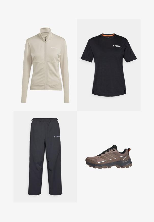adidas Terrex MULTI FULL ZIP JACKET - Jakna od flisa - beige; Crna majica kratkih rukava s okruglim izrezom, koja ima suptilnu melirani teksturu i bijeli logo "TERREX" na gornjoj lijevoj strani.; Crne, lagane hlače za aktivnosti na otvorenom s elastičnom pasicom, bočnim džepovima i logotipom na gornjoj desnoj nozi. Glatka, vodootporna tkanina.; Smeđi i crni Adidas Terrex planinarski čizmi s Gore-Tex, robusnim potplatima, crnim vezicama i mrežastim gornjim dijelom za vanjsku upotrebu.