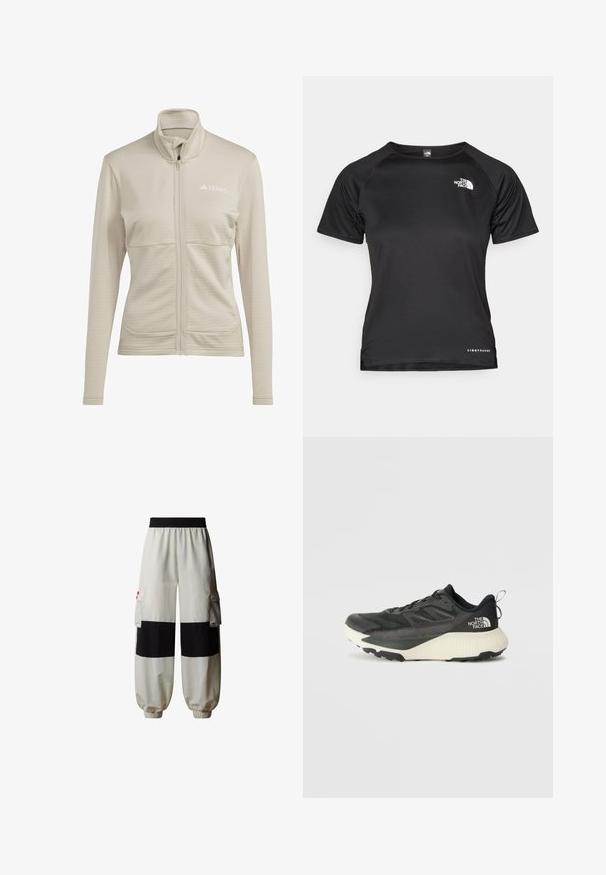 adidas Terrex MULTI FULL ZIP JACKET - Fliisjakk - beige; Must mustapikkade varrukatega sportlik särk, mis on valmistatud kerge kangaga. Omab ümmargust kaelust, tekstuurset mustrit ja valget logo vasakus ülanurgas.; The North Face HIMALAYAN - Kargopüksid - white dune tnf black; Musty mustusjalats musta pealisega, millel on tekstuur, hallid aktsendid ja valge vaheosa. Sisaldab tõmbeosa ning silmapaistvat brändi logo kandadel.