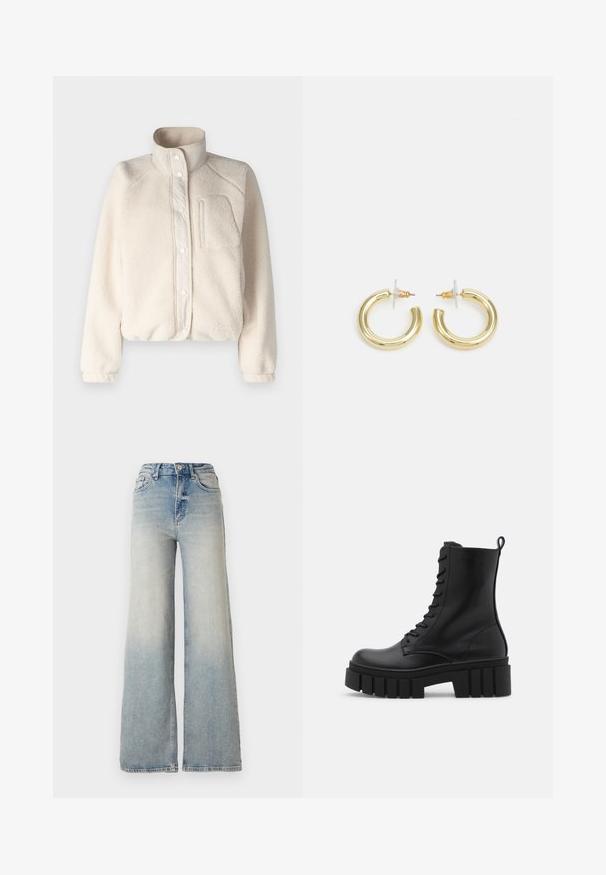 Hollister Co. JACKET - Flisinė striukė - whitecap grey; Vero Moda VMNEWCREAM FUNNELNECK PULLOVER - Džemperis - black/birch; Šviesiai mėlynus plačius džinsus, pagamintus iš džinsinio audinio, su aukštu liemeniu, penkiomis kišenėmis ir matomais siūlėmis.; Juodos odinės kulkšnės botai su masyviu, dantytu padu, raištelių užsegimu priekyje ir kilpeliu ant sklandaus balto fono.; Aukso auskarai su lygiu, blizgiu paviršiumi. Apvalus dizainas su maža užrakto dalimi ir skaidria atrama saugiam nešiojimui.