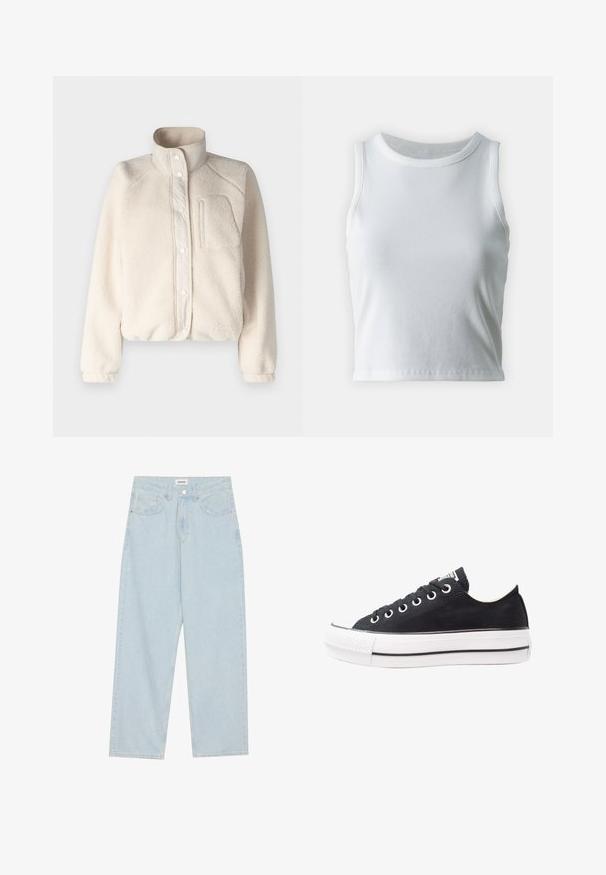 Hollister Co. JACKET - Jakna od flisa - whitecap grey; Bjela rebrasta majica bez rukava s okruglim izrezom i ravnim rubom, koja ima glatku i rastezljivu teksturu.; Svijetloplave široke traperice s srednjim strukom, pet džepova i zatvaranjem na gumba s uskim metalnim detaljem.; Crne platnene tenisice s bijelim gumenim potplatom, okruglim vrhom, niskim dizajnom, metalnim rupicama i teksturiranim vrhom. Tanka crna pruga uz potplat.